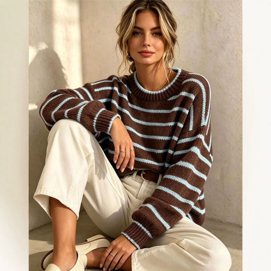 Sorvienne Relaxed Crew Neck Striped Jumper in Brown Stripe