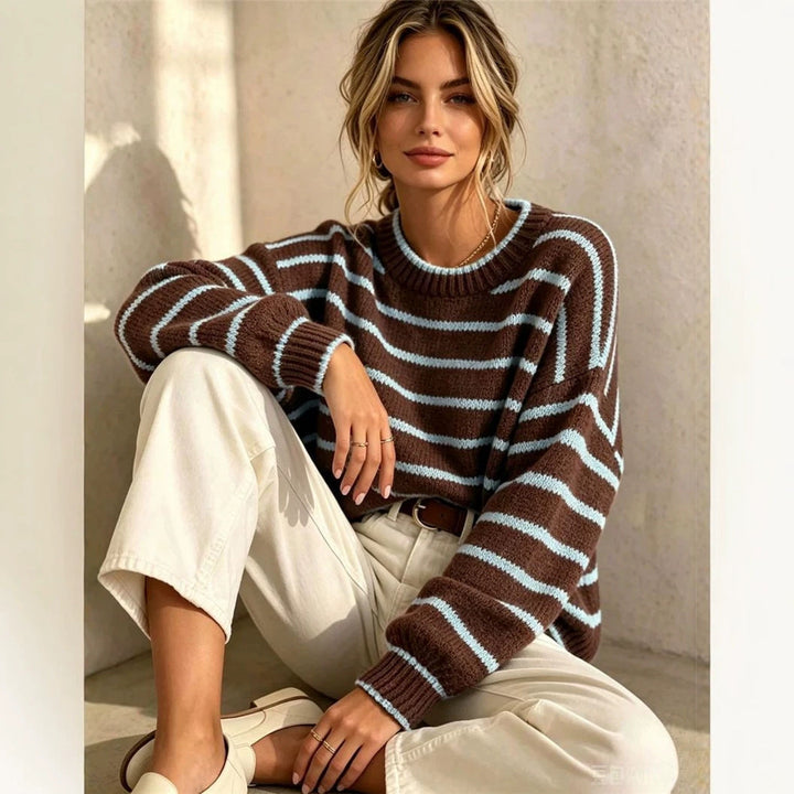 Sorvienne Relaxed Crew Neck Striped Jumper in Brown Stripe