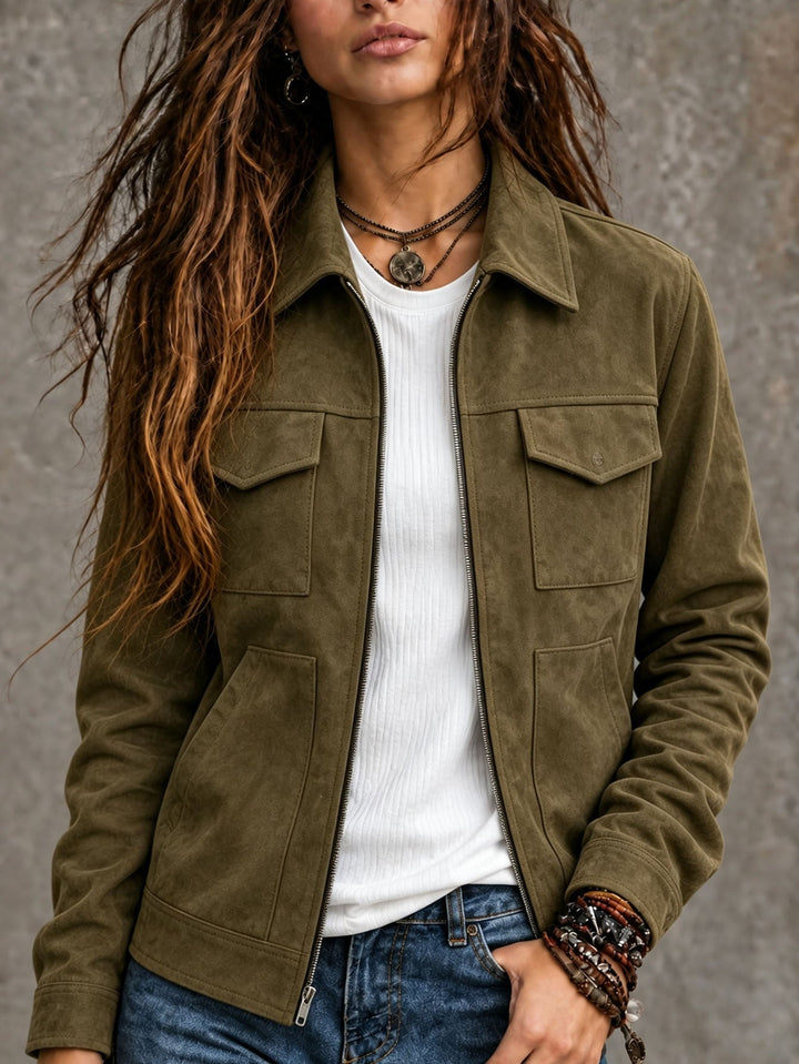 Sorvienne Relaxed Zip Front Suede Effect Jacket in Olive