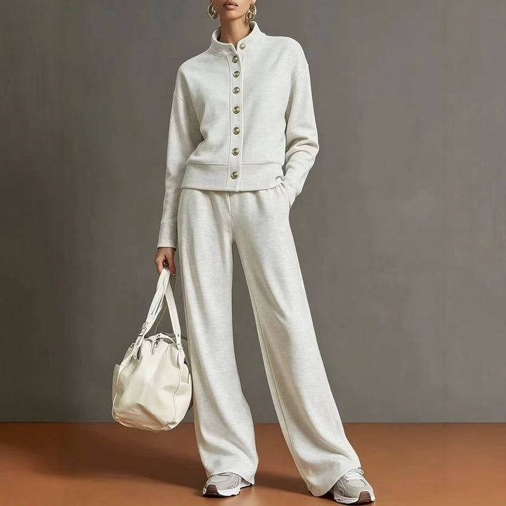 Sorvienne Relaxed Button Front Knitted Co Ord Set in Oatmeal