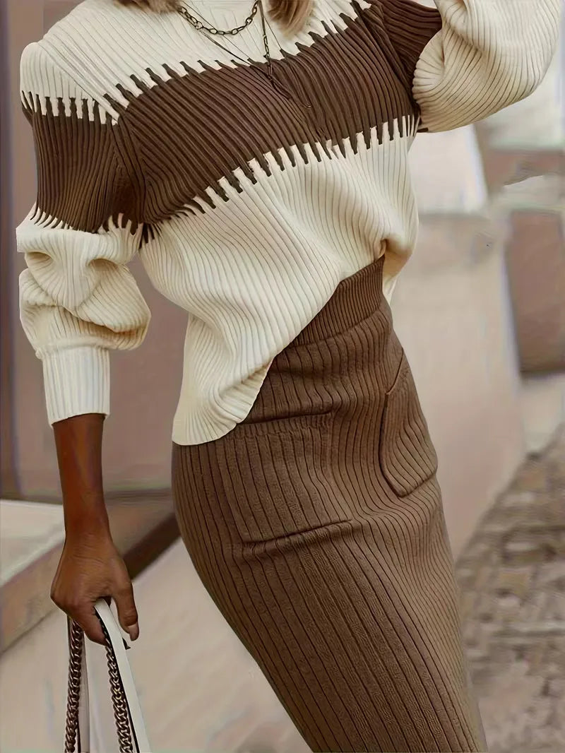 Sorvienne Relaxed Colour Block Knit Skirt Set in Brown