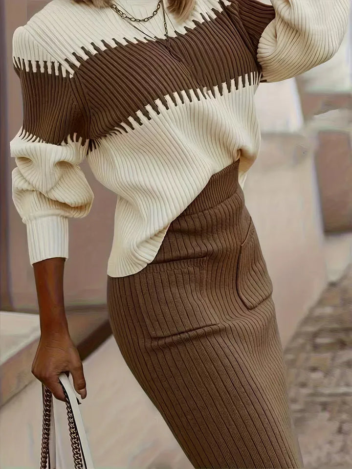 Sorvienne Relaxed Colour Block Knit Skirt Set in Brown