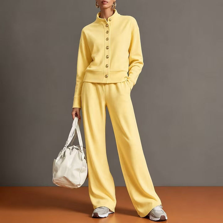 Sorvienne Relaxed Button Front Knitted Co Ord Set in Yellow