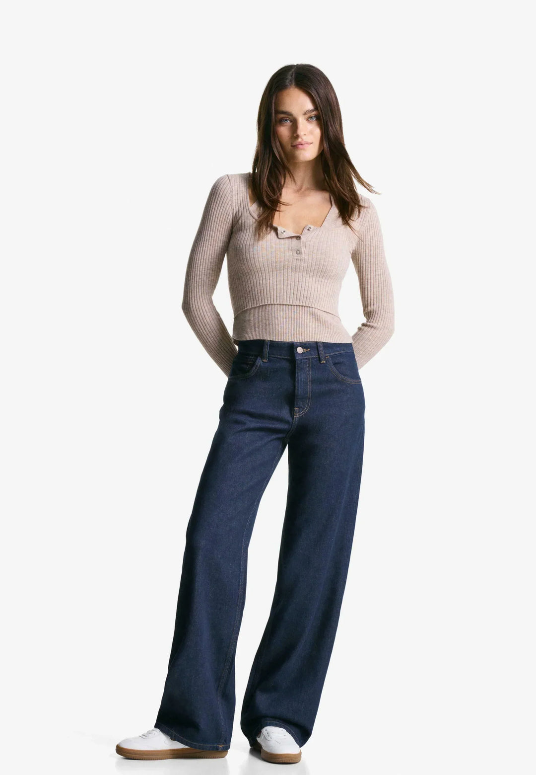 Sorvienne Relaxed High Waisted Wide Leg Jeans in Dark Blue