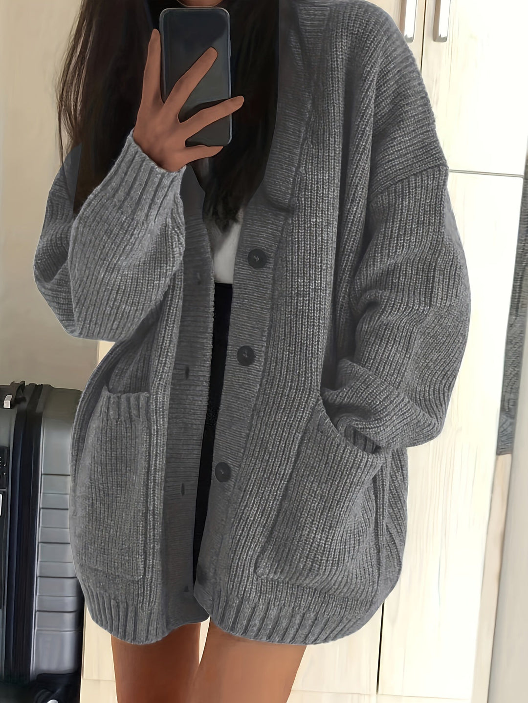 Sorvienne Oversized Cardigan with Deep Patch Pockets in Grey