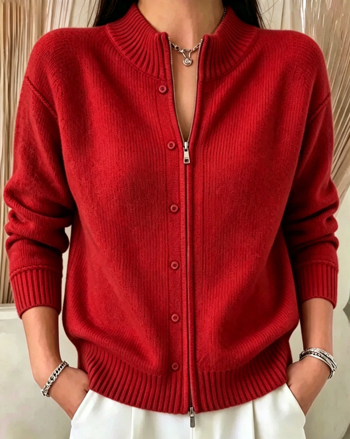 Sorvienne Mock Neck Zip Through Cardigan in Red