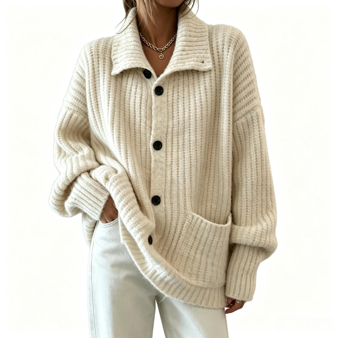 Sorvienne Oversized Chunky Rib Funnel Neck Cardigan in Cream