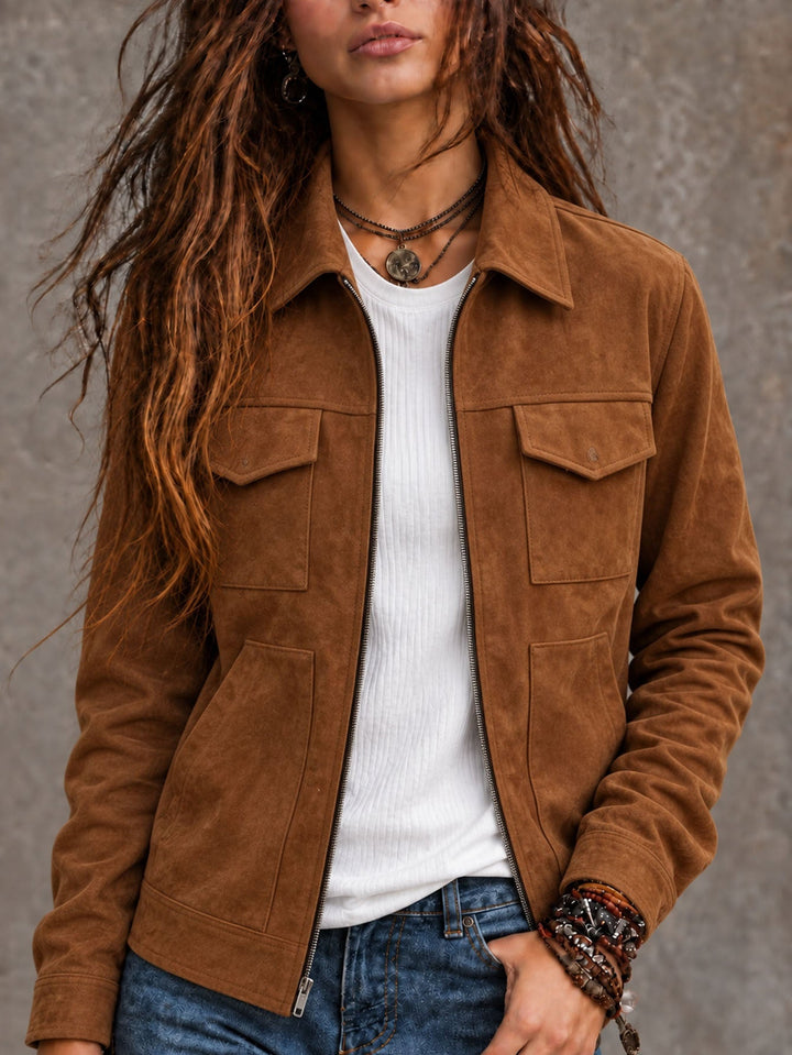 Sorvienne Relaxed Zip Front Suede Effect Jacket in Tan
