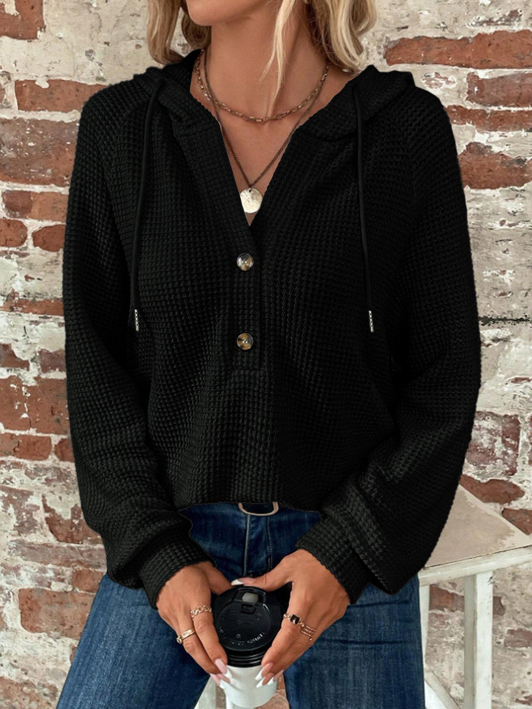 Sorvienne Relaxed Button Neck Waffle Knit Hoodie in Black