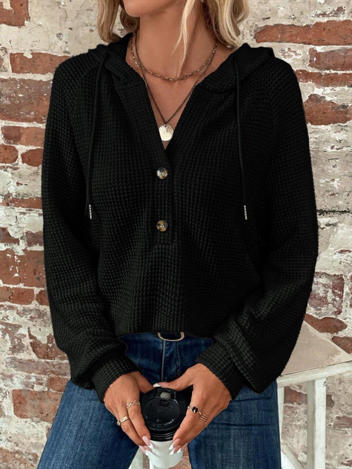 Sorvienne Relaxed Button Neck Waffle Knit Hoodie in Black