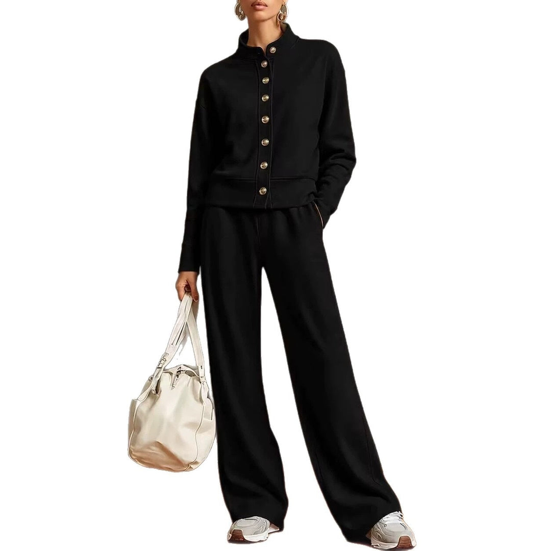 Sorvienne Relaxed Button Front Knitted Co Ord Set in Black
