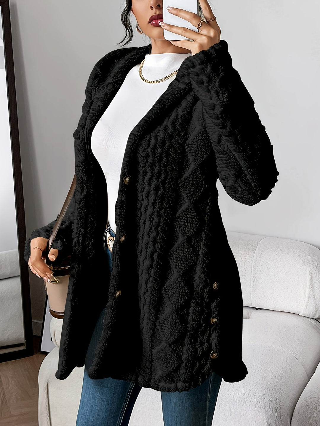 Sorvienne Relaxed Cable Texture Hooded Fleece Cardigan in Black