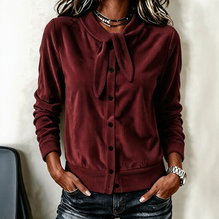 Sorvienne Slim Ribbed Tie Neck Cardigan in Burgundy