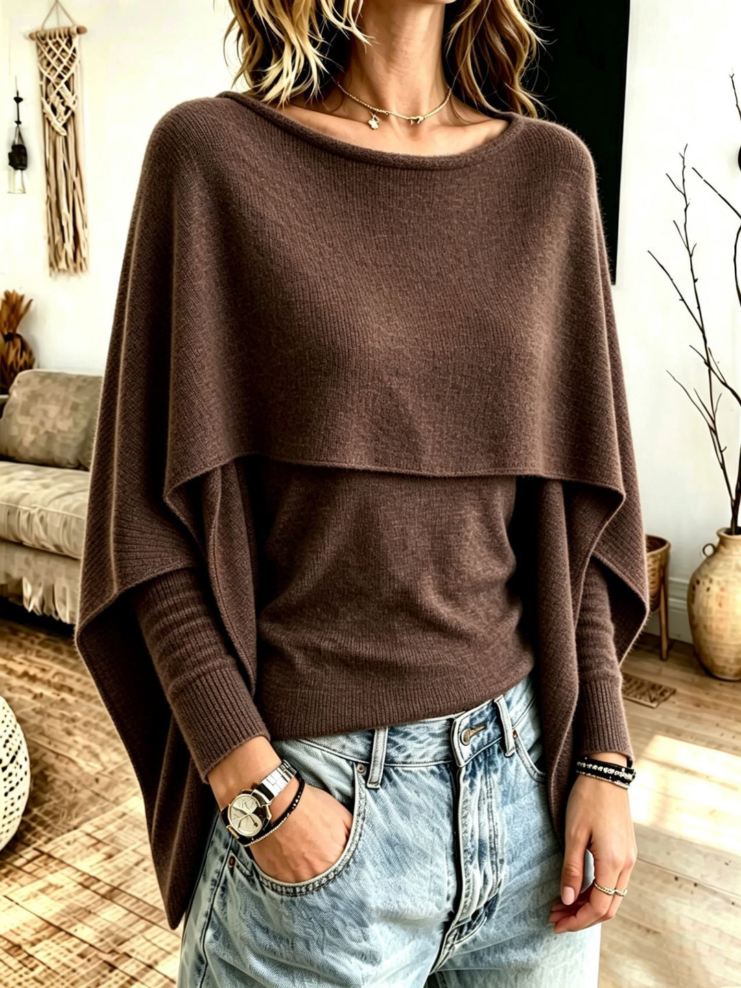 Sorvienne Relaxed Layered Cape Jumper in Brown
