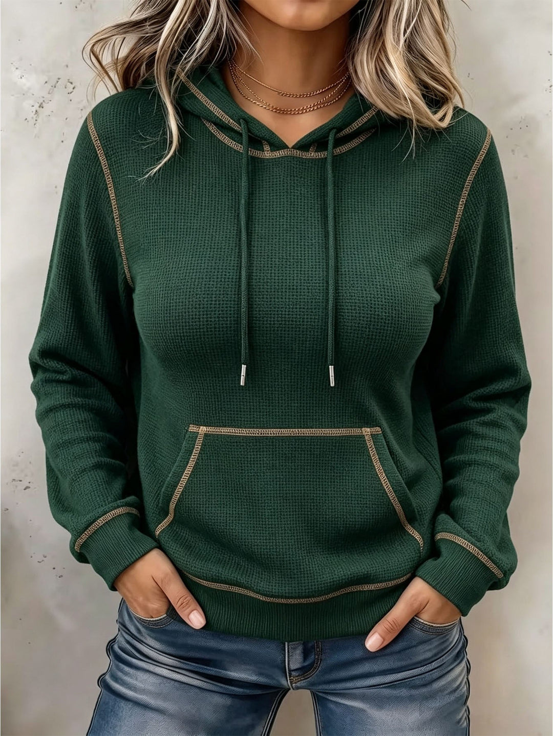 Sorvienne Relaxed Contrast Stitch Knitted Hoodie in Dark Green