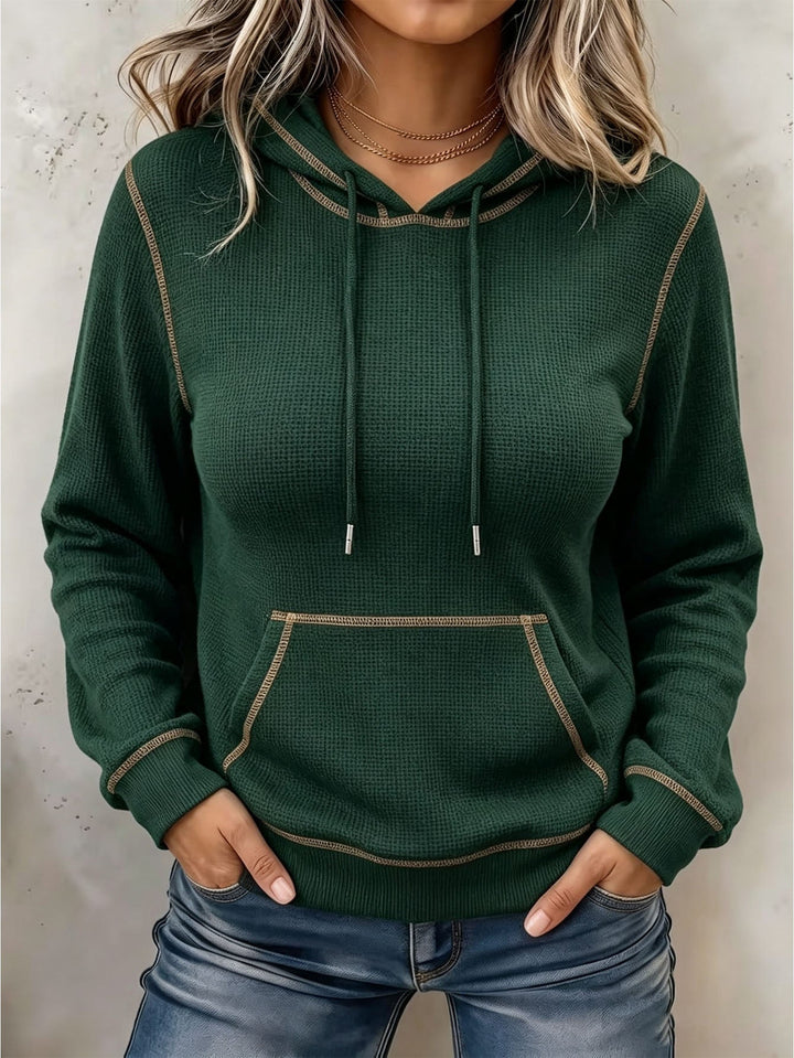 Sorvienne Relaxed Contrast Stitch Knitted Hoodie in Dark Green
