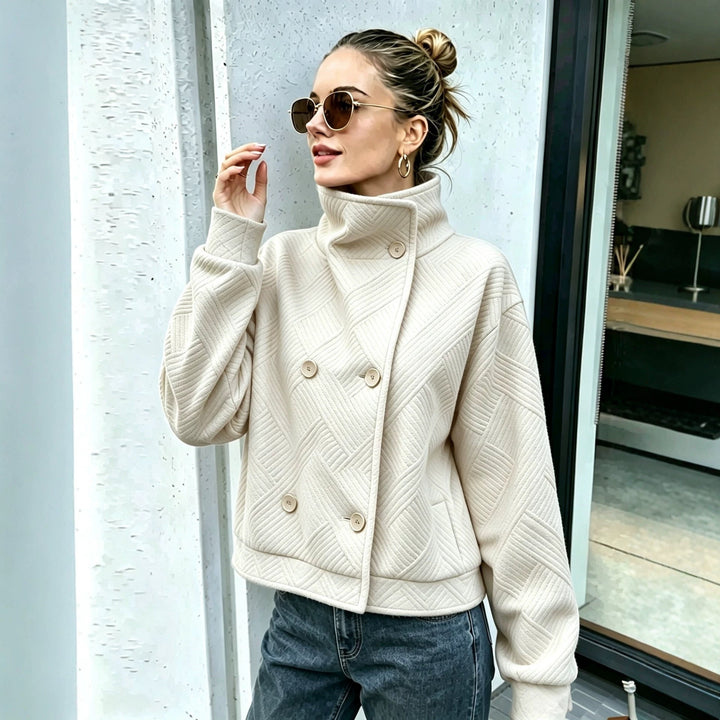Sorvienne Textured Double Breasted Funnel Neck Jacket in Ivory