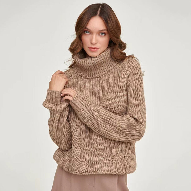 Sorvienne Relaxed Raglan Chunky Roll Neck Jumper in Camel