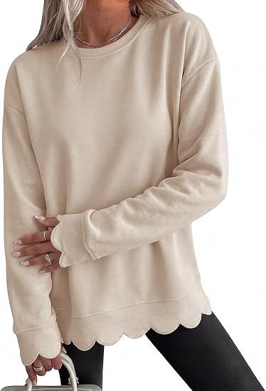 Sorvienne Relaxed Scallop Hem Crew Neck Sweatshirt in Beige