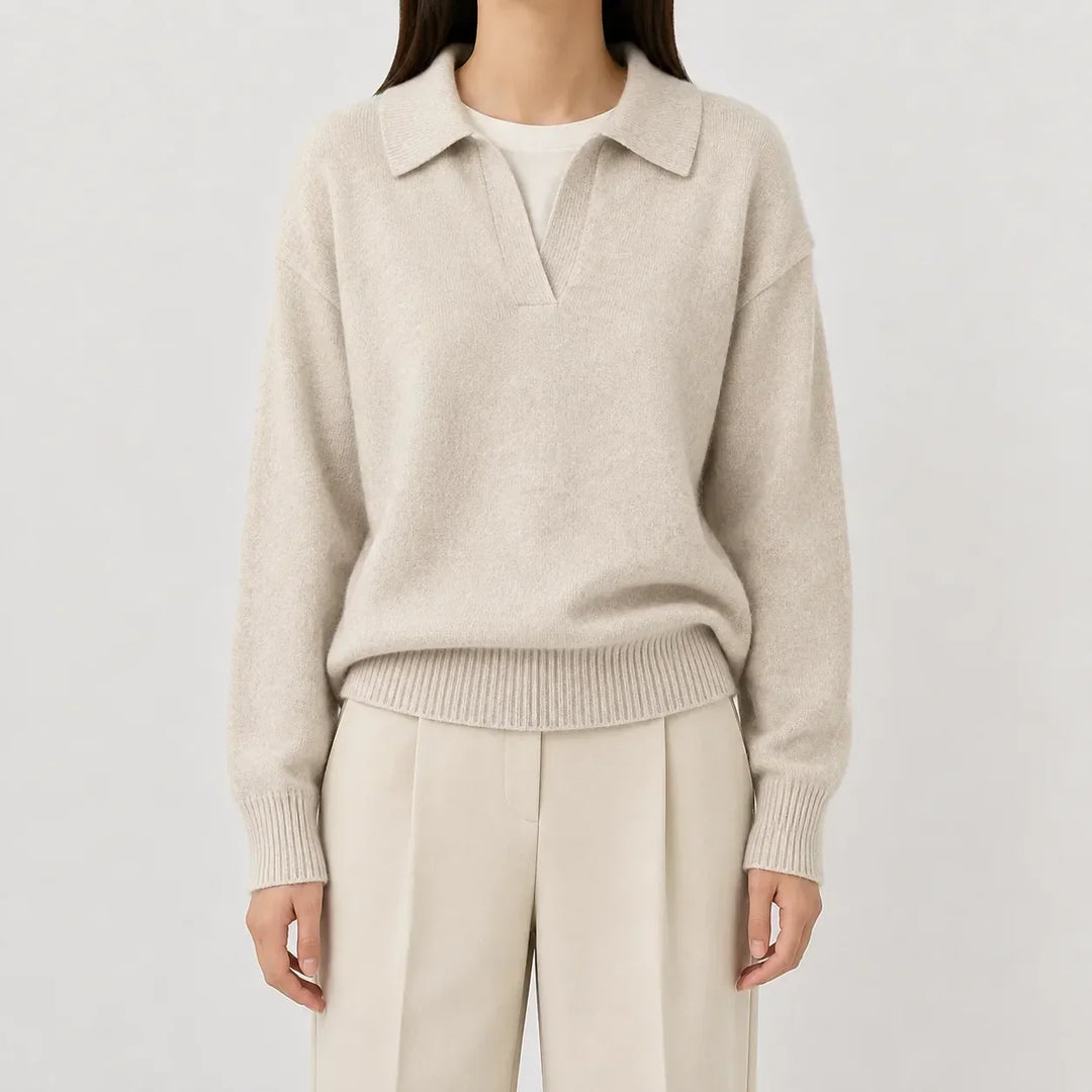 Sorvienne Relaxed Polo Collar Jumper in Oatmeal