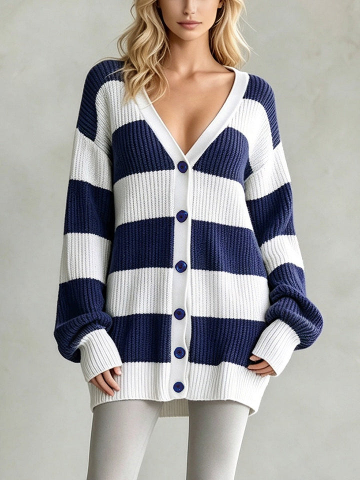 Sorvienne Oversized Button Front Striped Cardigan in Navy Stripe