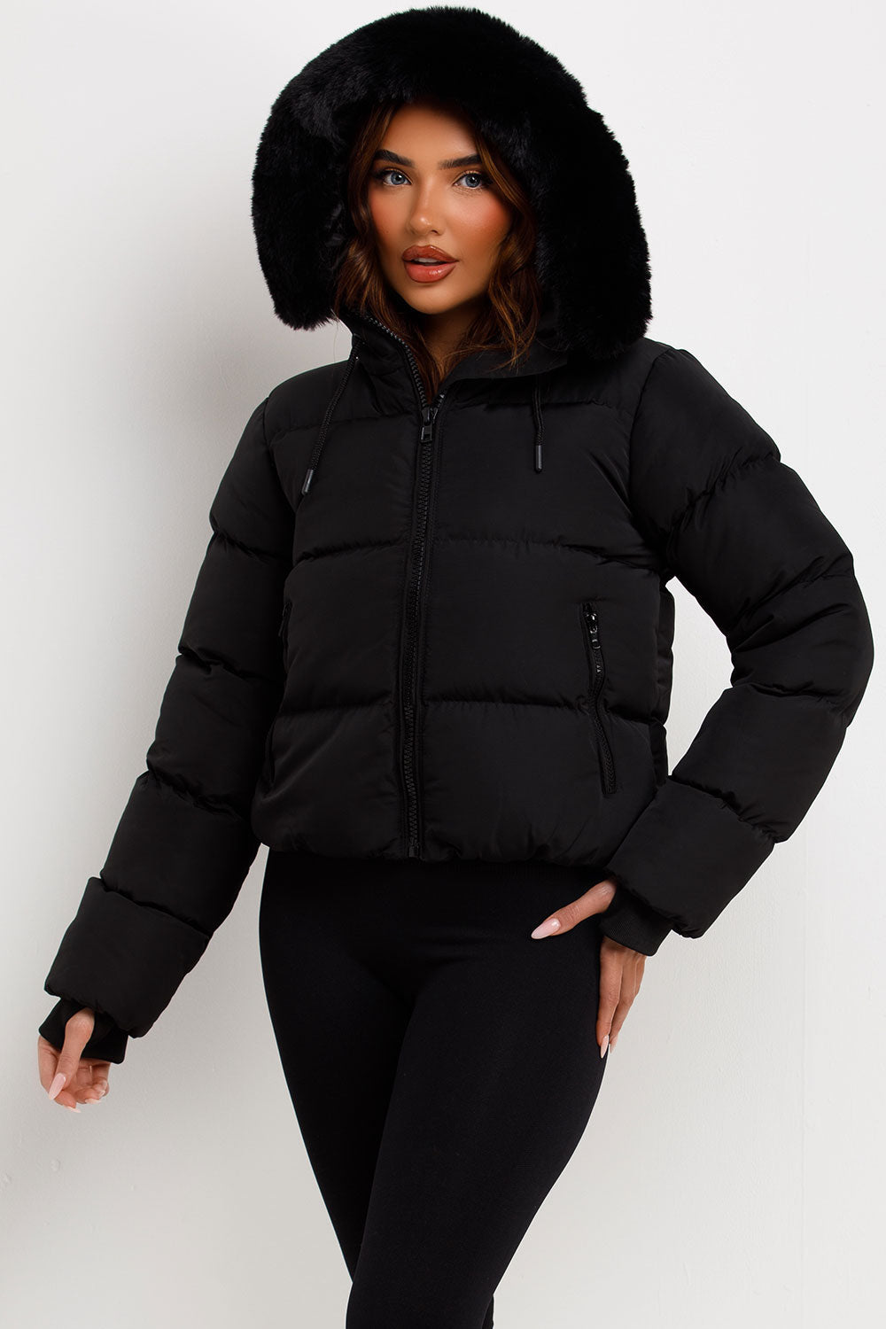 Sorvienne Faux Fur Hood Cropped Puffer Jacket