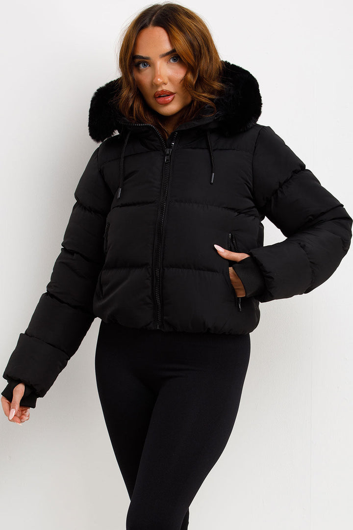 Sorvienne Faux Fur Hood Cropped Puffer Jacket