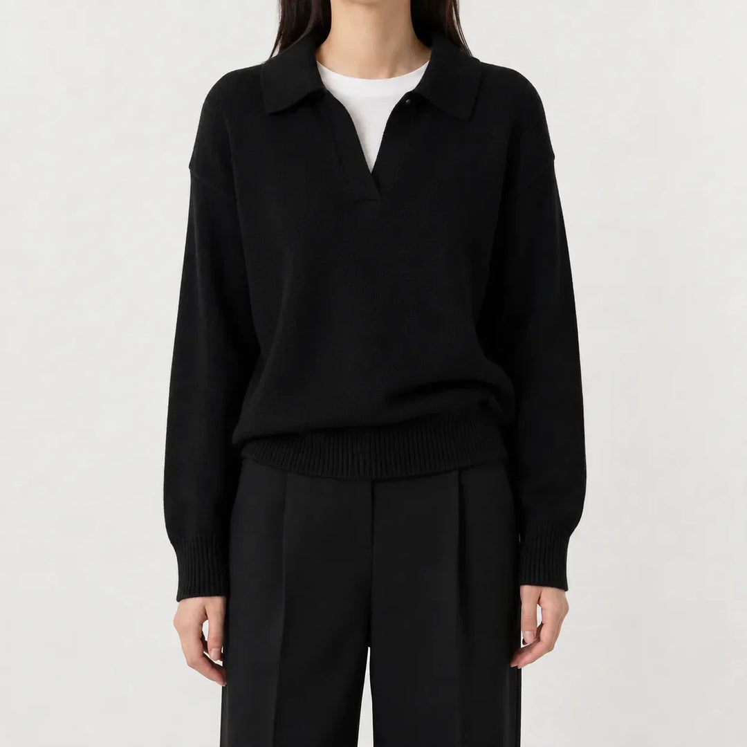 Sorvienne Relaxed Polo Collar Jumper in Black