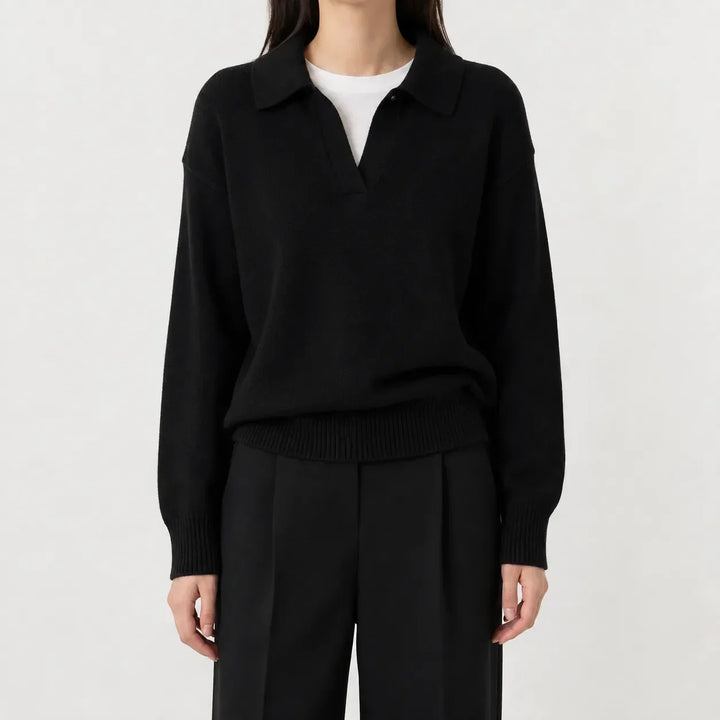 Sorvienne Relaxed Polo Collar Jumper in Black