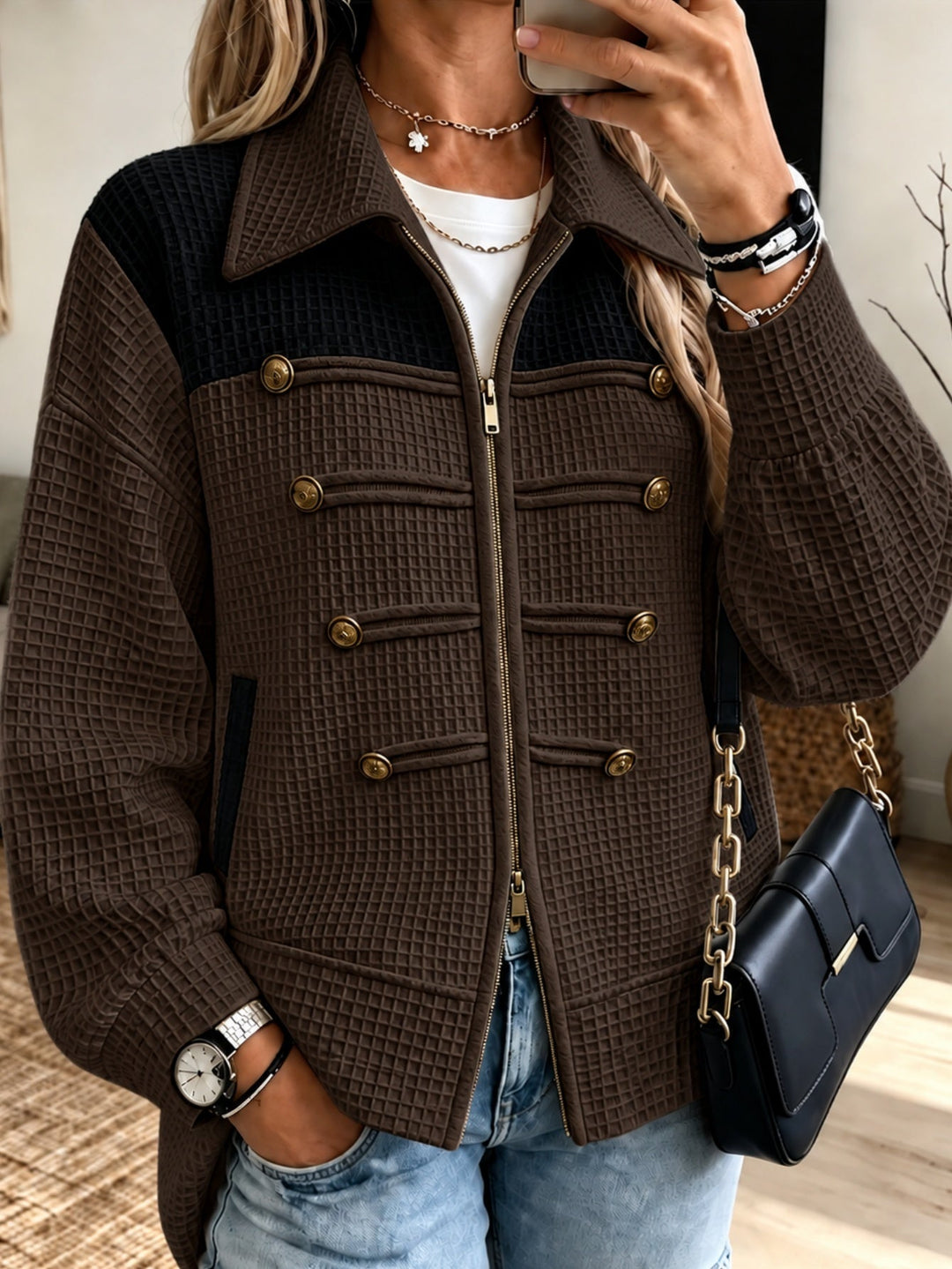Sorvienne Relaxed Waffle Knit Military Jacket in Brown