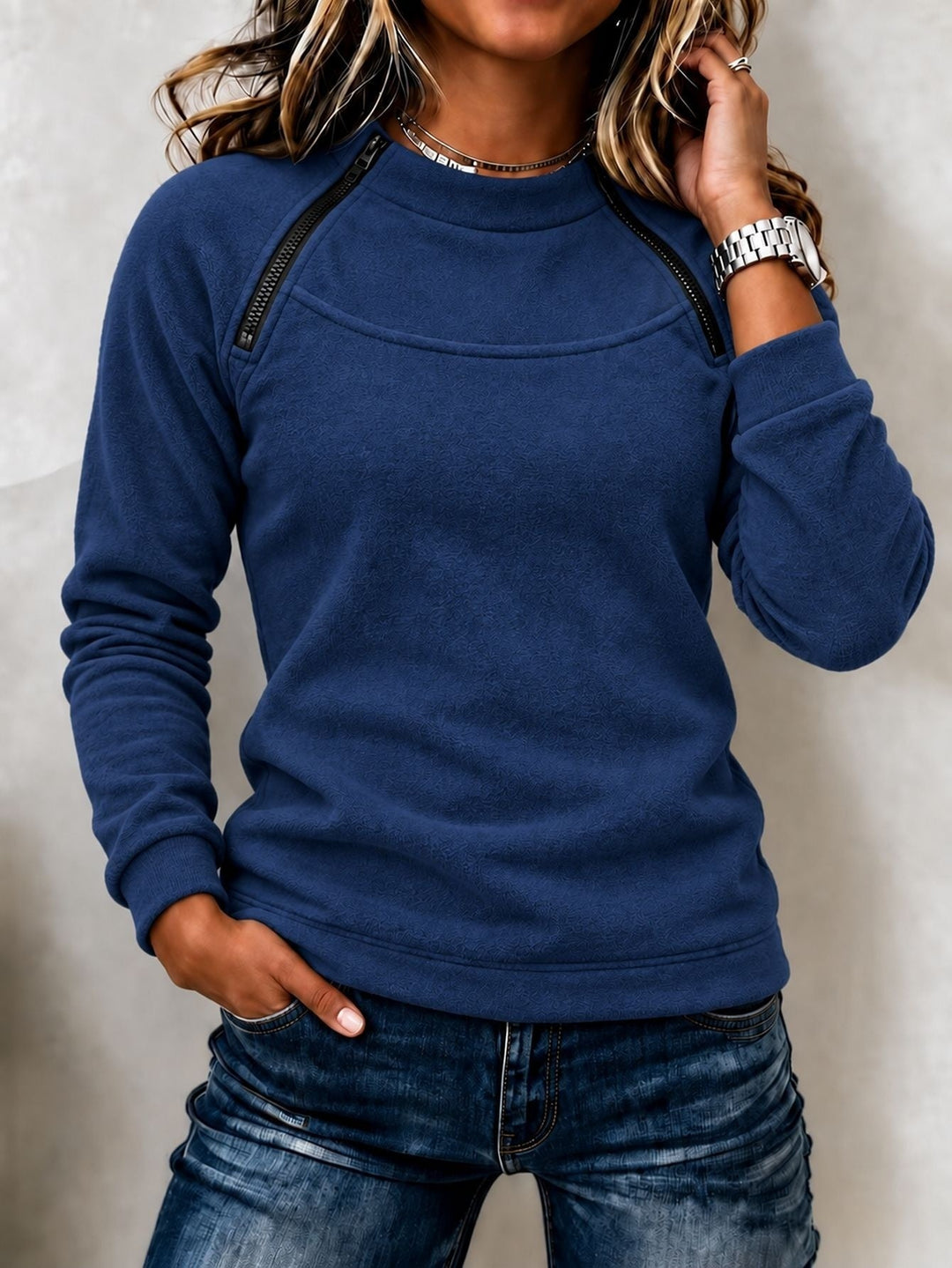 Sorvienne Relaxed Zip Detail Raglan Sweatshirt in Royal Blue