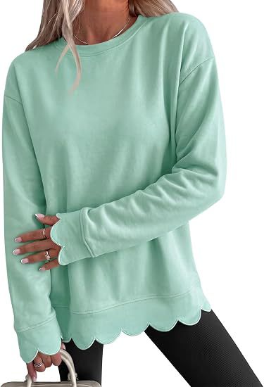 Sorvienne Relaxed Scallop Hem Crew Neck Sweatshirt in Mint