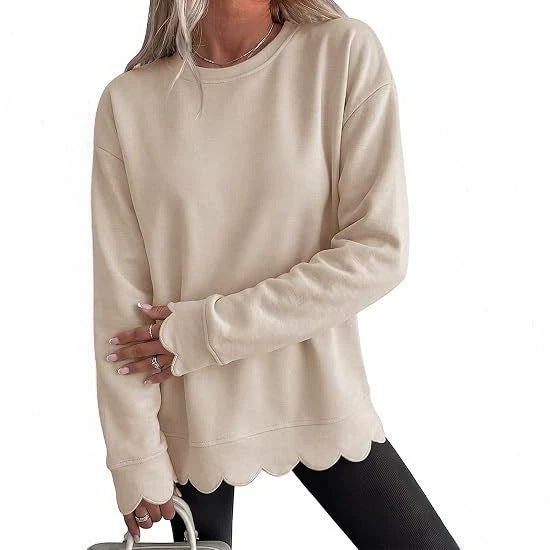 Sorvienne Relaxed Scallop Hem Crew Neck Sweatshirt in Beige