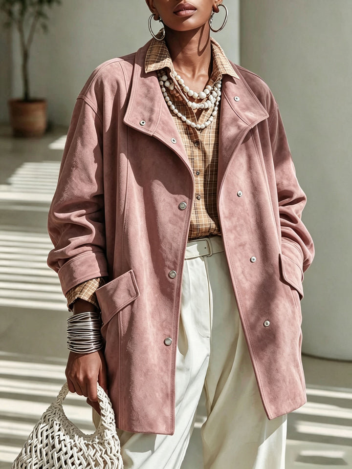 Sorvienne Relaxed Mid Length Suede Effect Coat in Dusty Pink