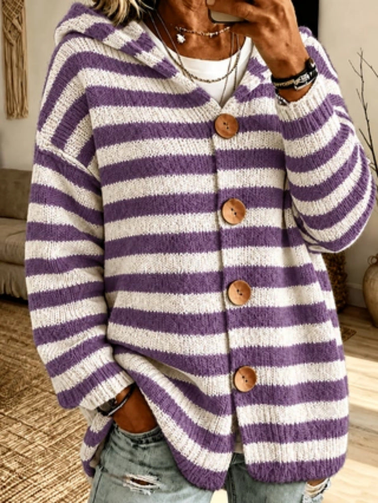 Sorvienne Relaxed Striped Button Front Hooded Cardigan in Purple Stripe