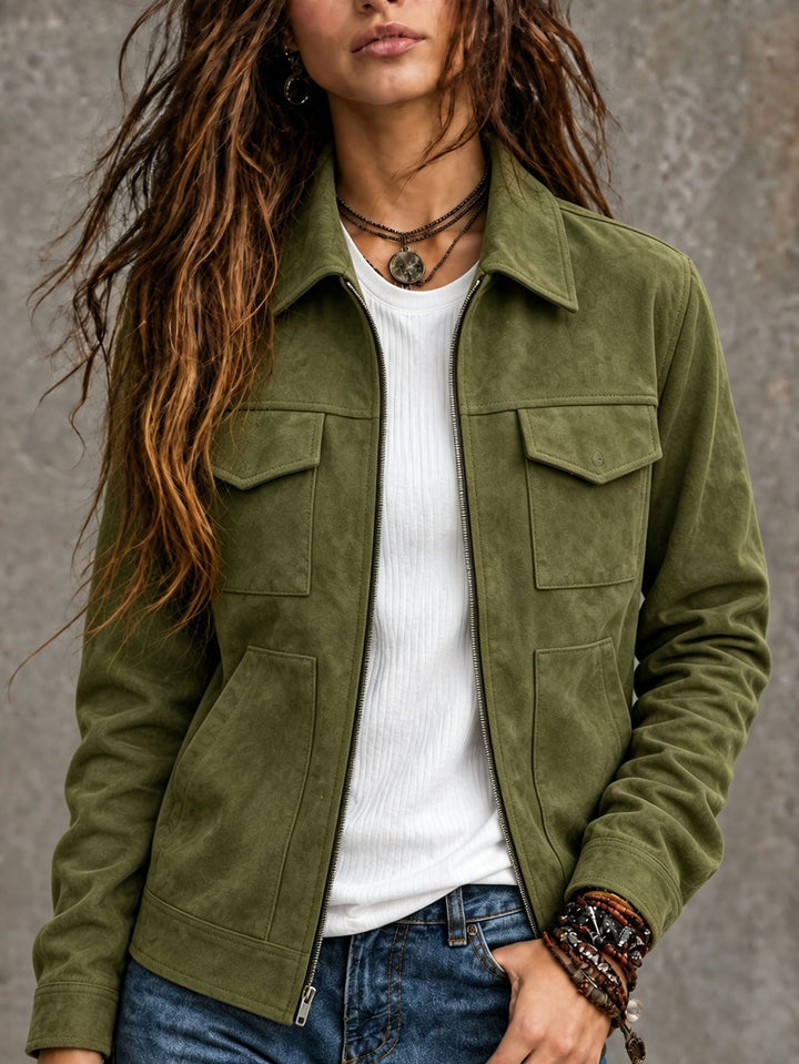 Sorvienne Relaxed Zip Front Suede Effect Jacket in Green