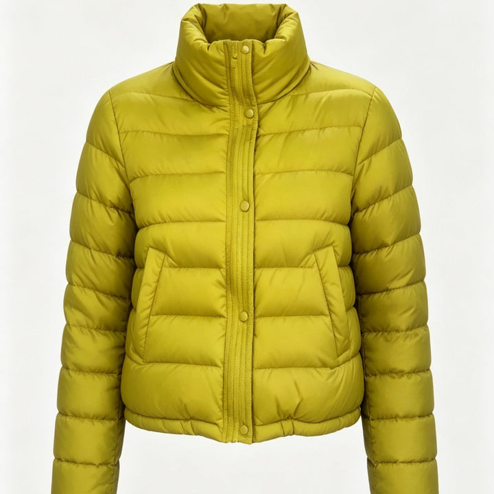Sorvienne Relaxed Funnel Neck Cropped Puffer Jacket in Yellow