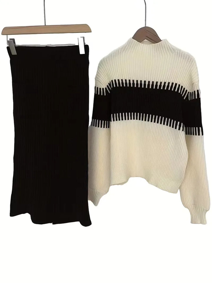 Sorvienne Relaxed Colour Block Knit Skirt Set in Black