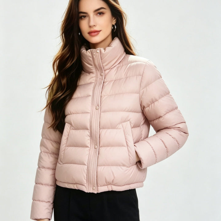 Sorvienne Relaxed Funnel Neck Cropped Puffer Jacket in Pink