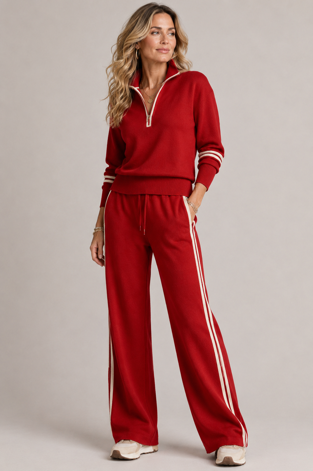Sorvienne Relaxed Striped Trim Half Zip Co-ord Set in Red