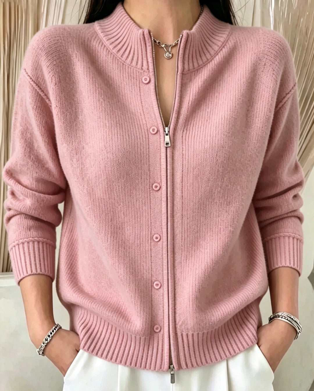 Sorvienne Mock Neck Zip Through Cardigan in Pink