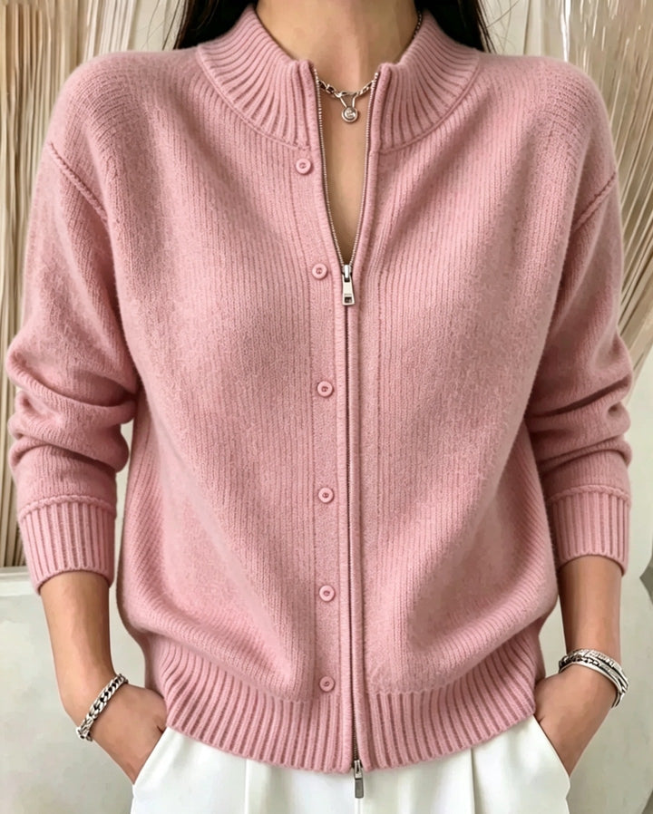 Sorvienne Mock Neck Zip Through Cardigan in Pink