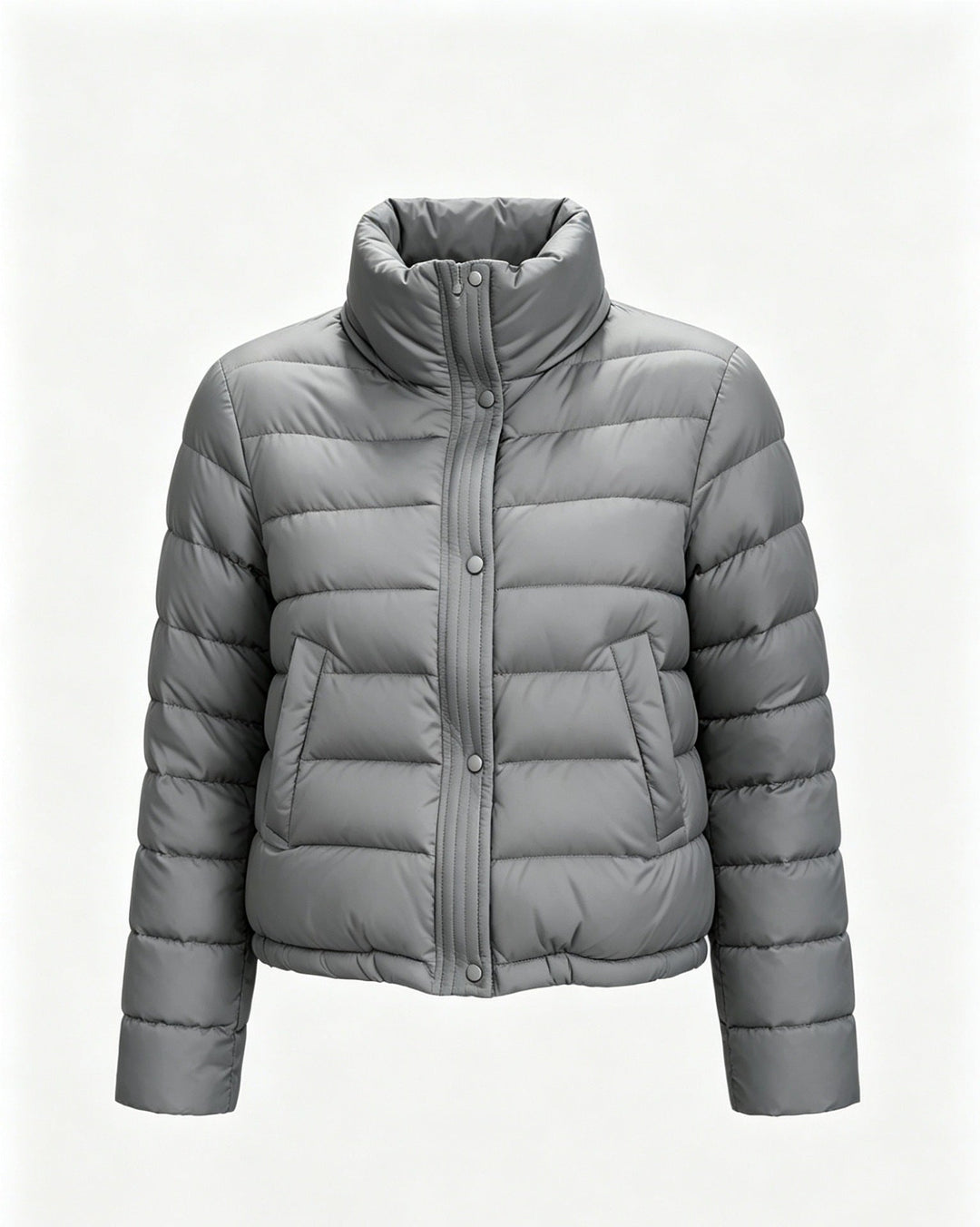 Sorvienne Relaxed Funnel Neck Cropped Puffer Jacket in Grey