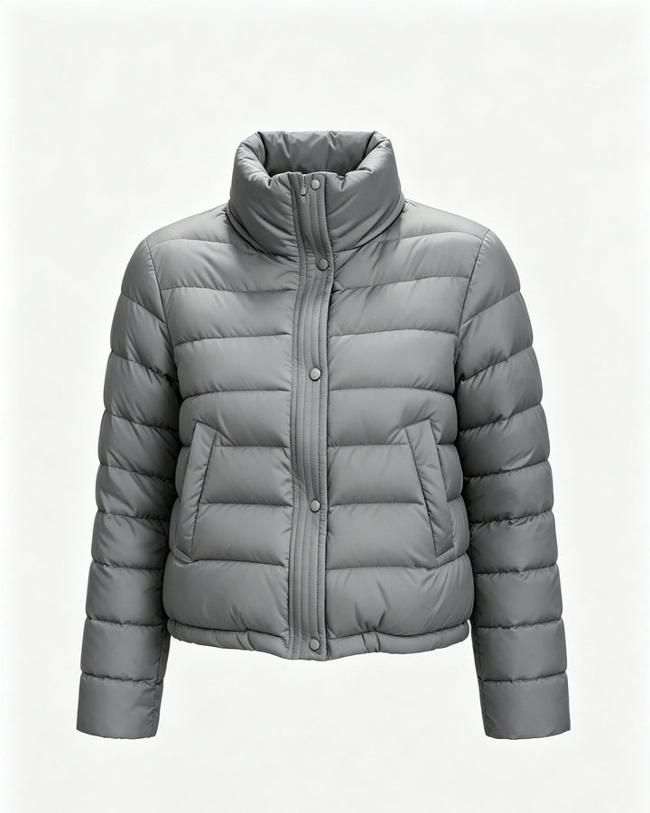 Sorvienne Relaxed Funnel Neck Cropped Puffer Jacket in Grey