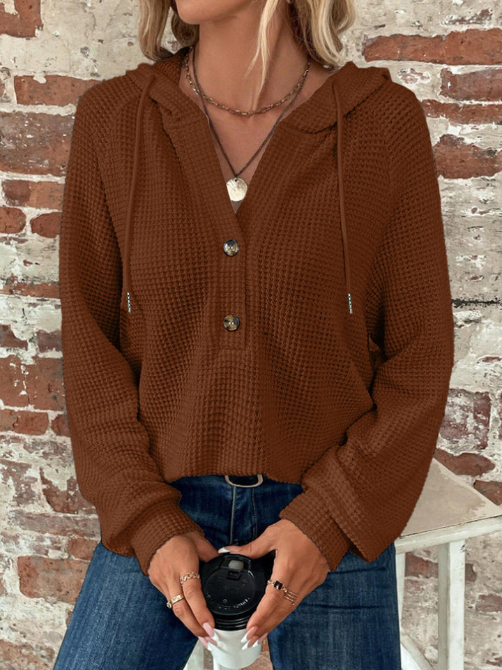 Sorvienne Relaxed Button Neck Waffle Knit Hoodie in Brown