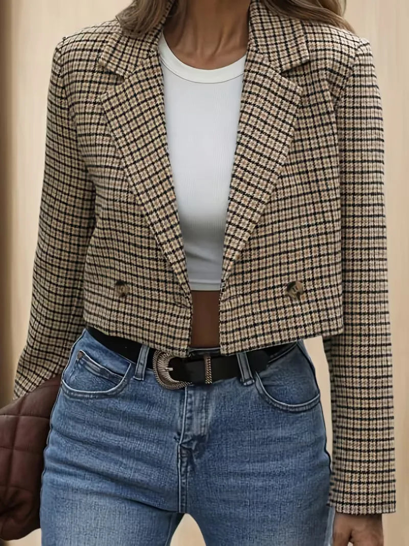 Sorvienne Double Breasted Check Cropped Blazer