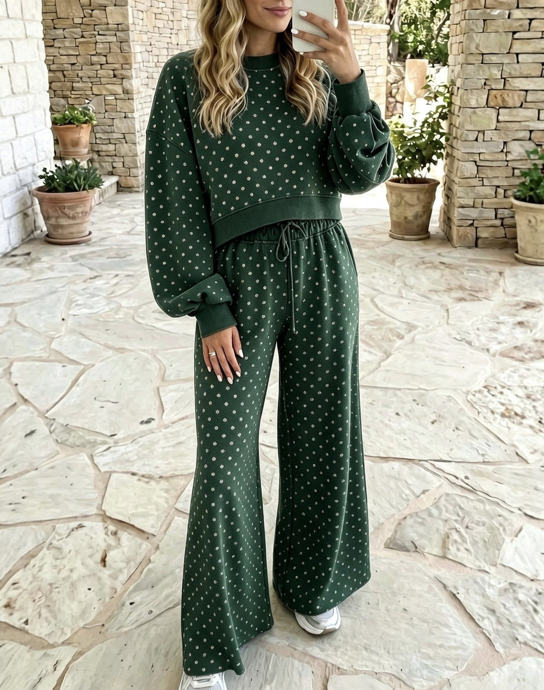 Sorvienne Relaxed Textured Wide Leg Knit Co-ord Set in Dark Green