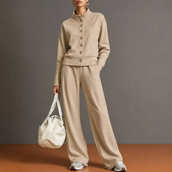 Sorvienne Relaxed Button Front Knitted Co Ord Set in Beige