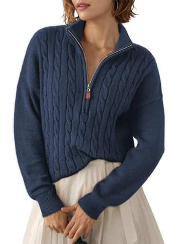 Sorvienne Relaxed Cable Knit Quarter Zip Jumper in Navy