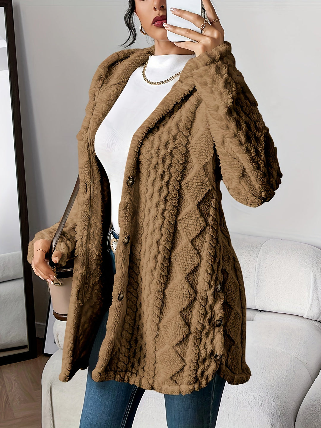 Sorvienne Relaxed Cable Texture Hooded Fleece Cardigan in Camel